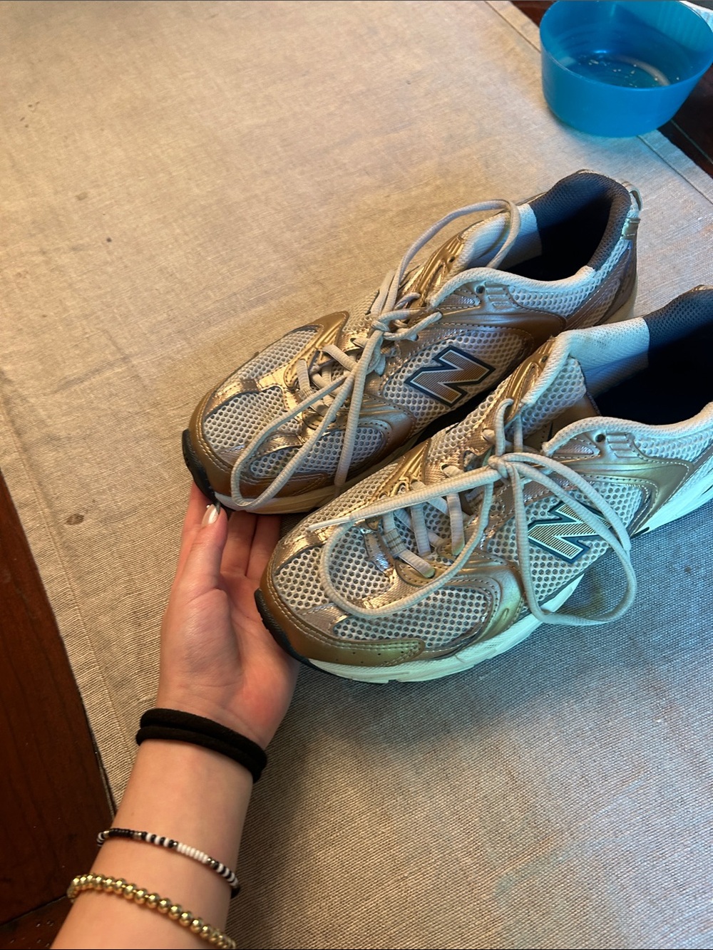 New Balance Gold and Light Gray Mesh Athletic Sneakers